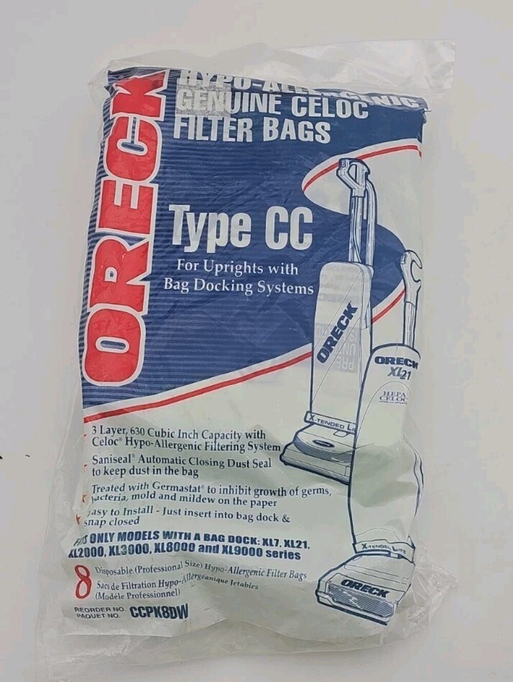 Pack of 8 Oreck XL Type CC Vacuum Cleaner Bags CCPK8DW Sealed